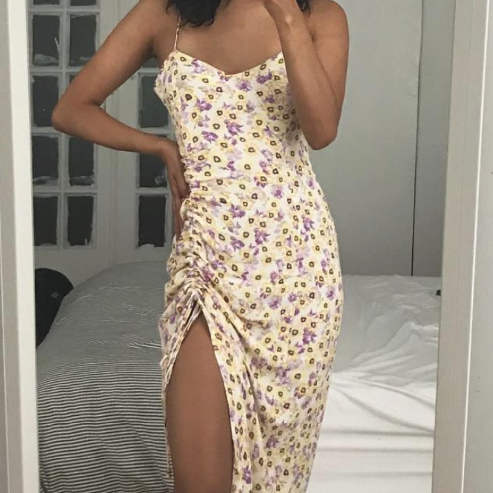 AFRM Ruched Strappy Flower Print Dress